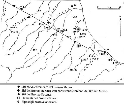 Carta tematica degli insediamenti cesenati dell'epoca del bronzo
